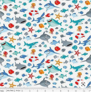 Sharktown Sea Life in White From Riley Blake -- fabric by the yard